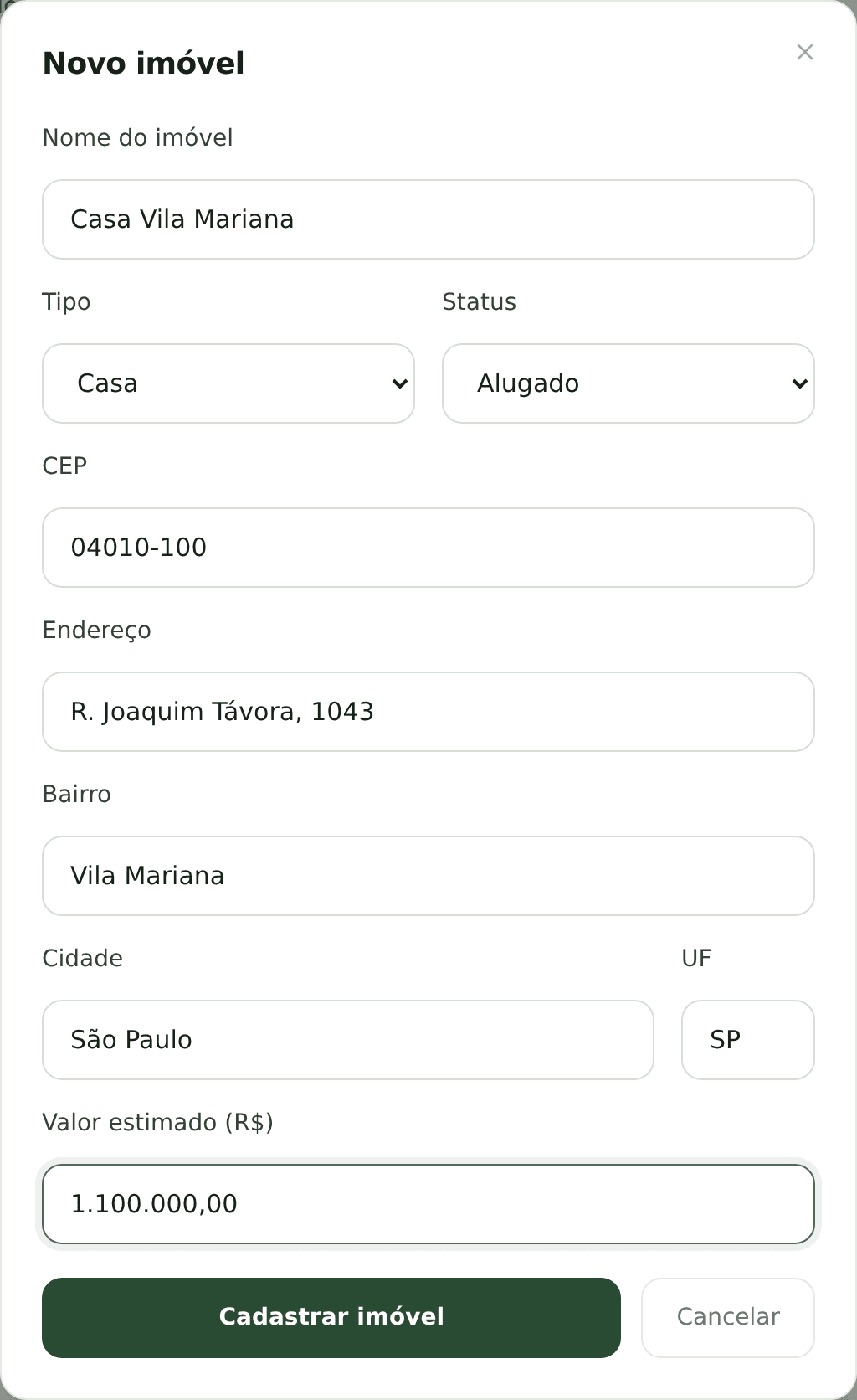 Formulário de cadastro de imóvel do Holdei preenchido com dados da Casa Vila Mariana