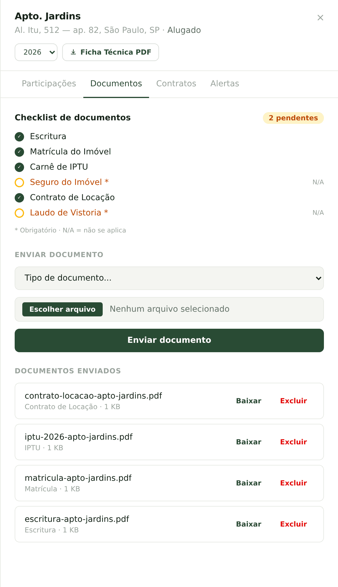 Cofre de documentos do Holdei mostrando matrícula, escritura, IPTU e contrato de locação do Apto. Jardins